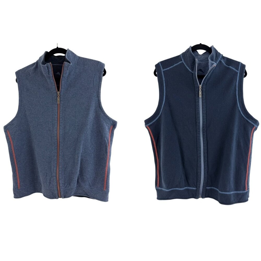 Tommy Bahama Mens Flip Coast Reversible Blue Knit Full Zip Vest Size L/XL Jacket